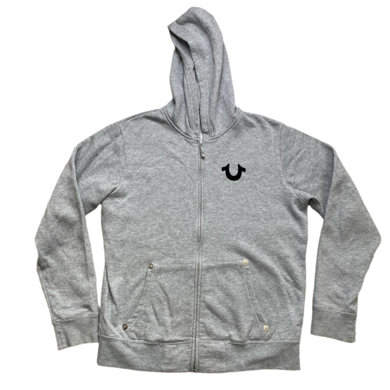 True Religion Grey and Black Suede Felt Logos Hoodie (L)