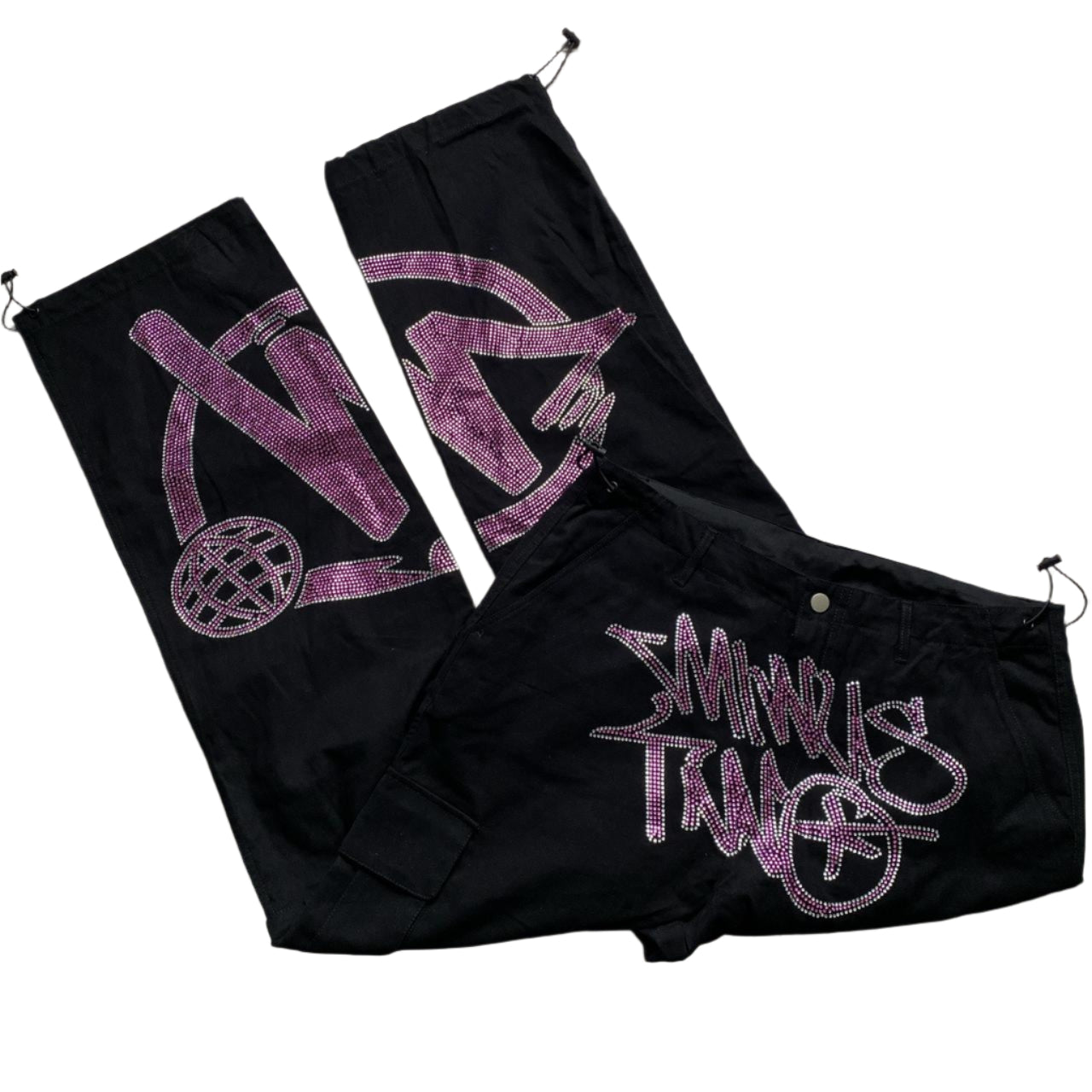 Minus Two Diamante Rhinestone Pink and Silver Black Cargo Trousers (XL)