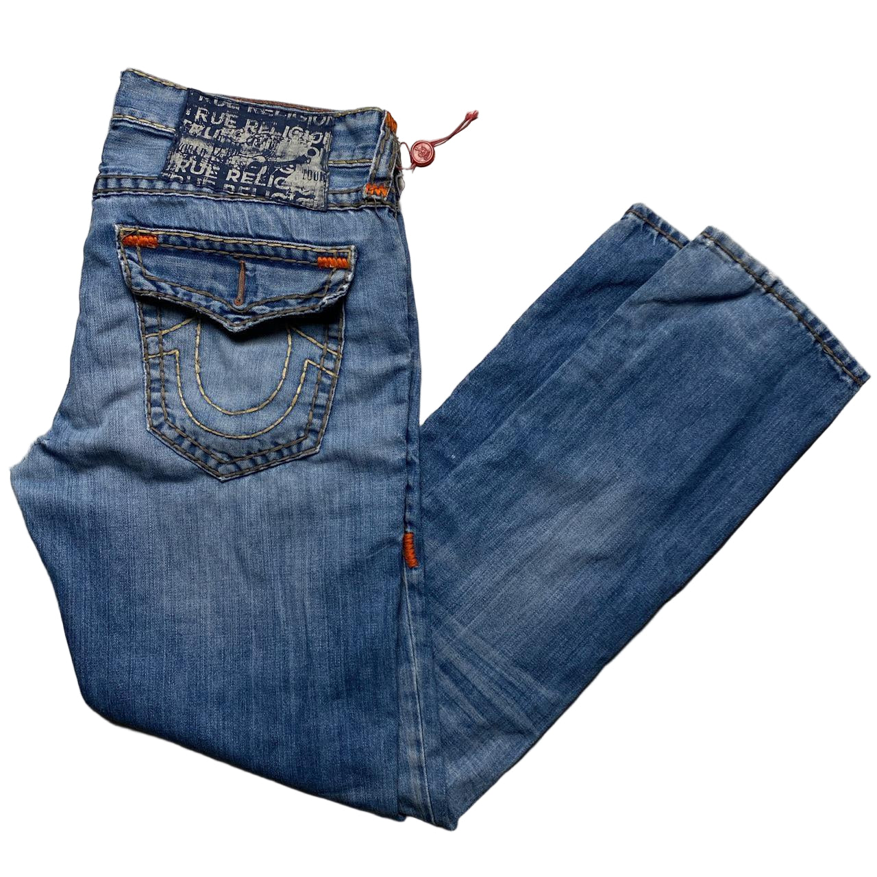 True Religion Rocco Light Blue Big Yellow and Orange Stitch Baggy Jeans (36W)