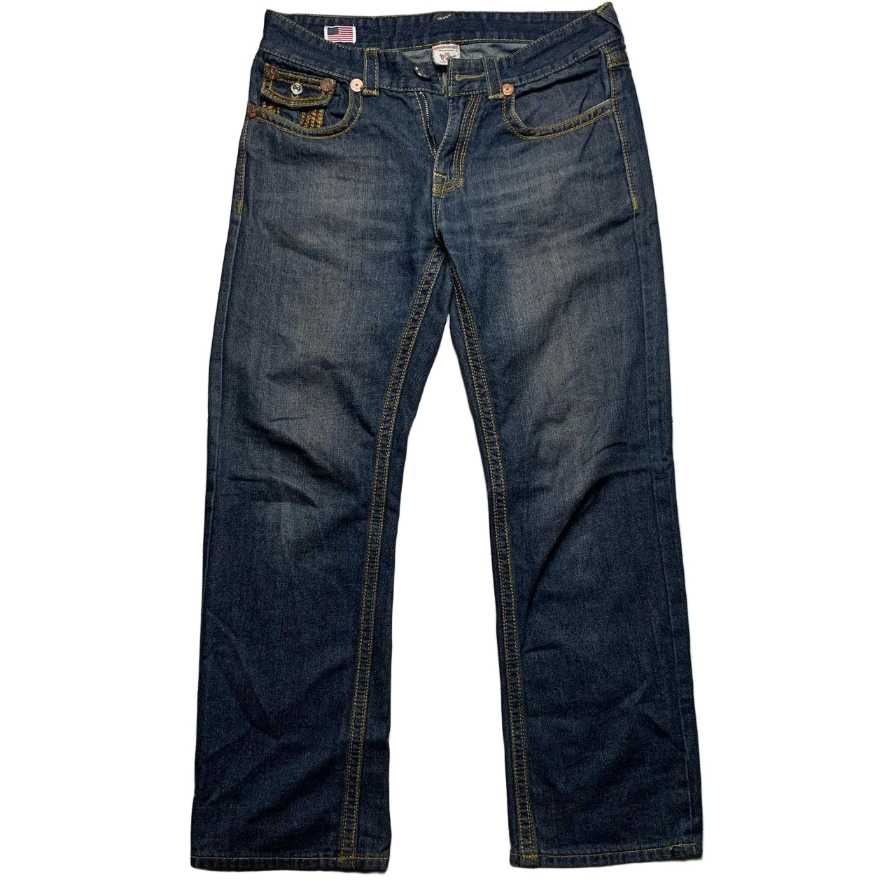 True Religion Billy Big Yellow Gold Stitch Blue Jeans (32W)