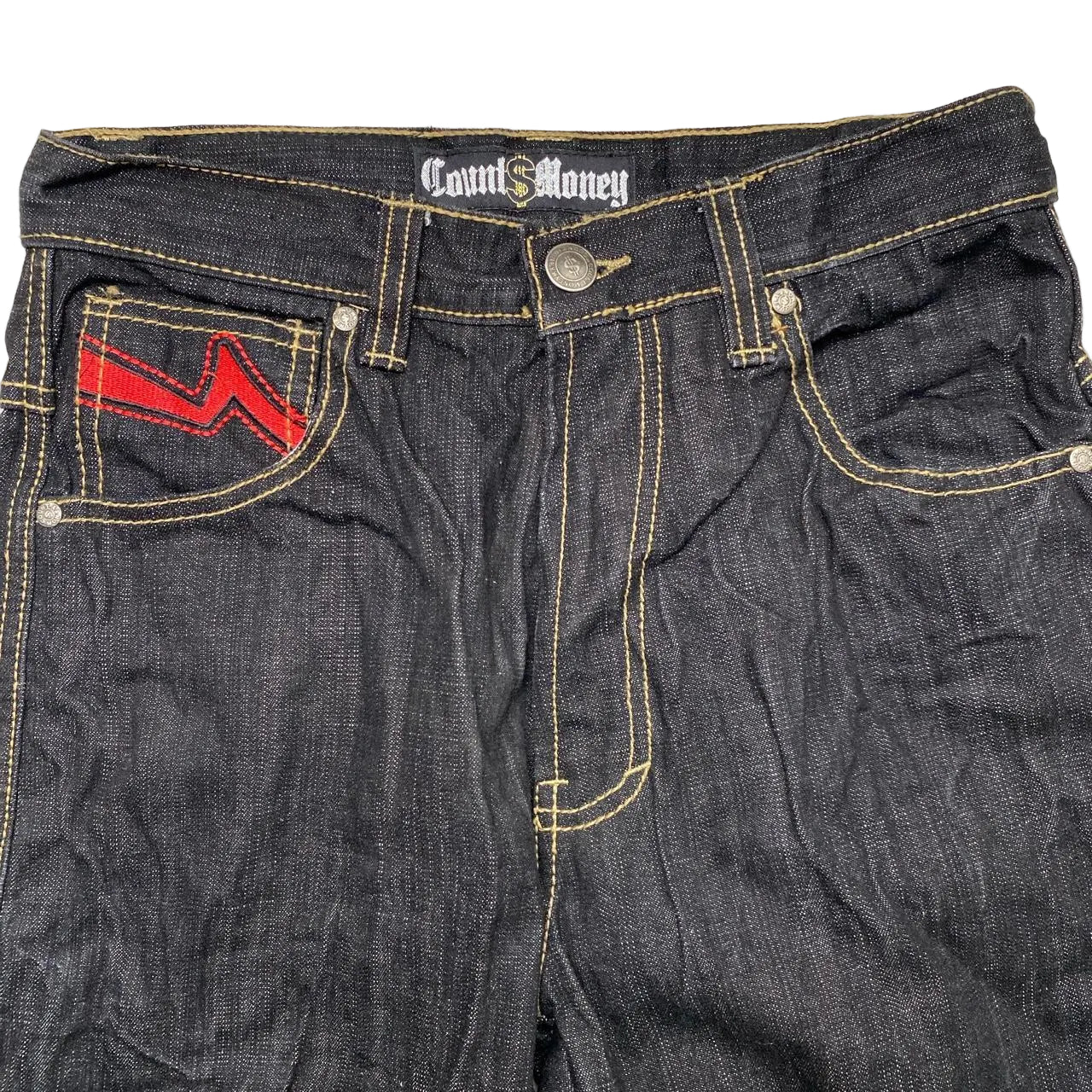 Count Money Vintage Y2K Indigo Big Gold Stitch Jeans Red Faux Leather Swoosh (30W)