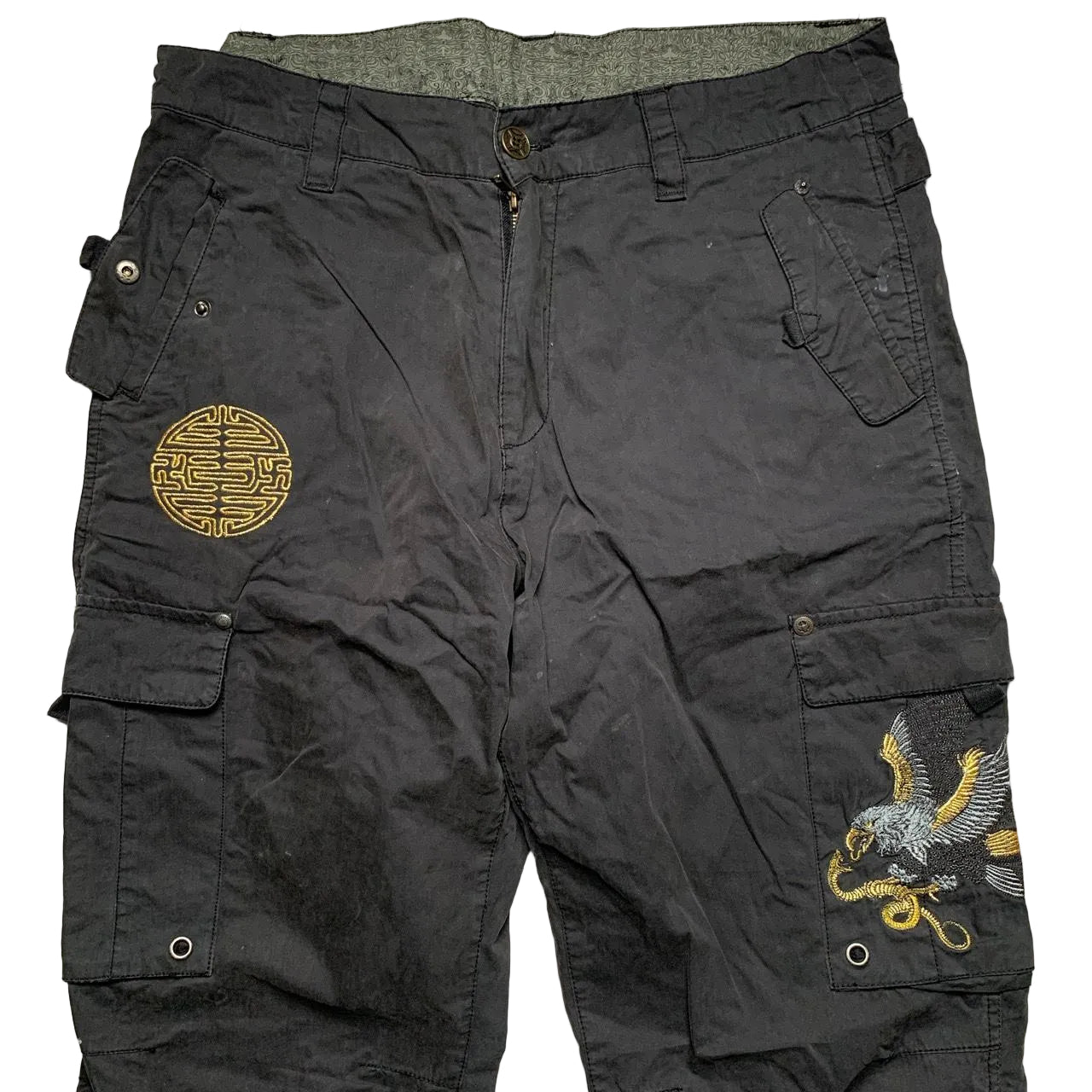 Ringspun Vintage Eagle Snake Japanese Embroidery Cargo Parachute Baggy Trousers (W36)