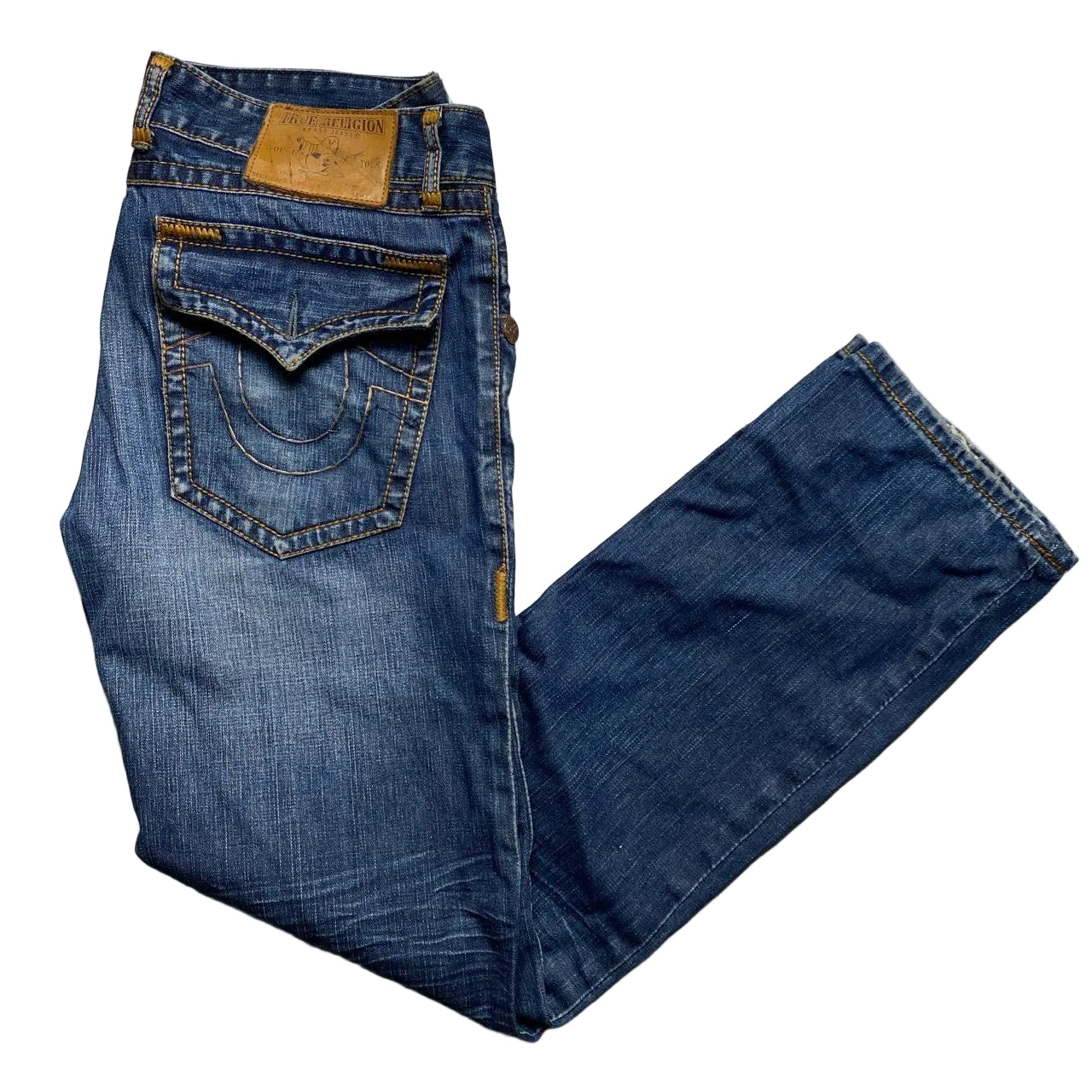 True Religion Billy Super T Navy and Brown Stitch Jeans (34W)