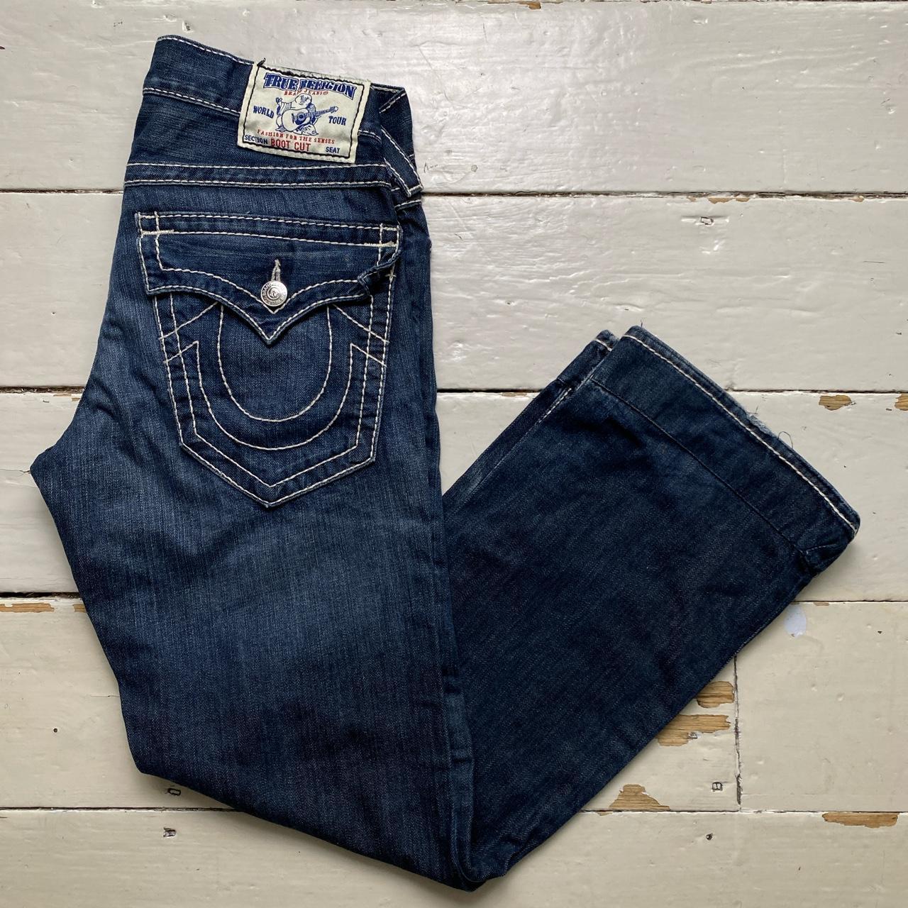 True Religion Boot Cut Baggy Navy and White Big Stitch Jeans