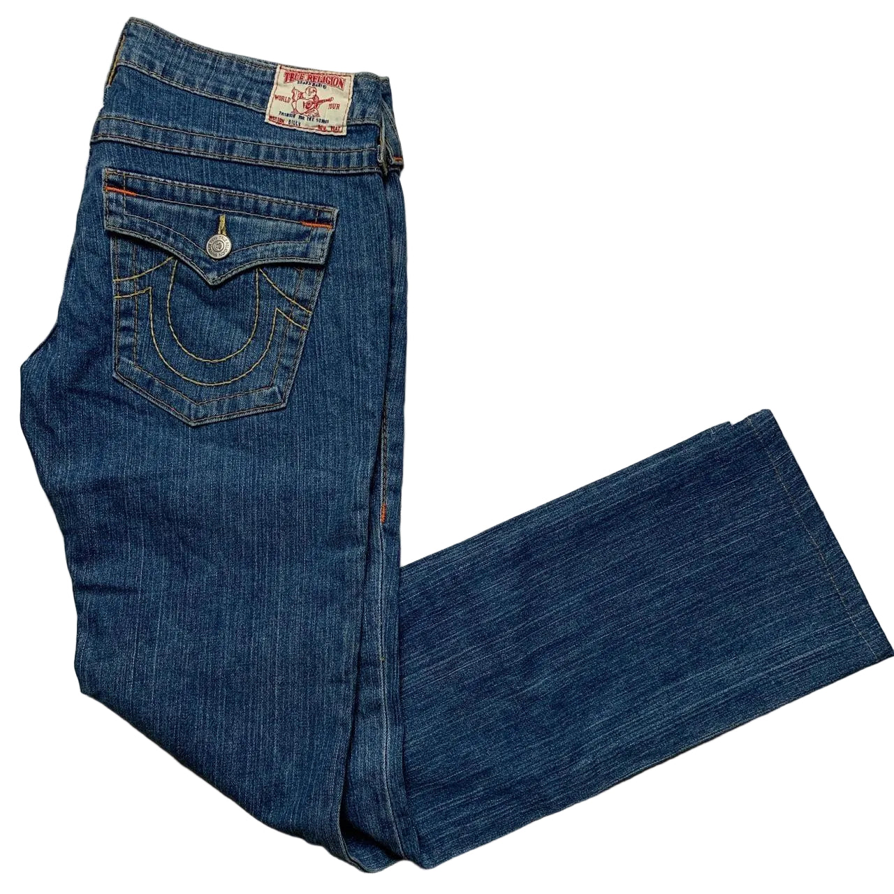 True Religion Billy Navy Yellow Stitch Womens Jeans (30W)