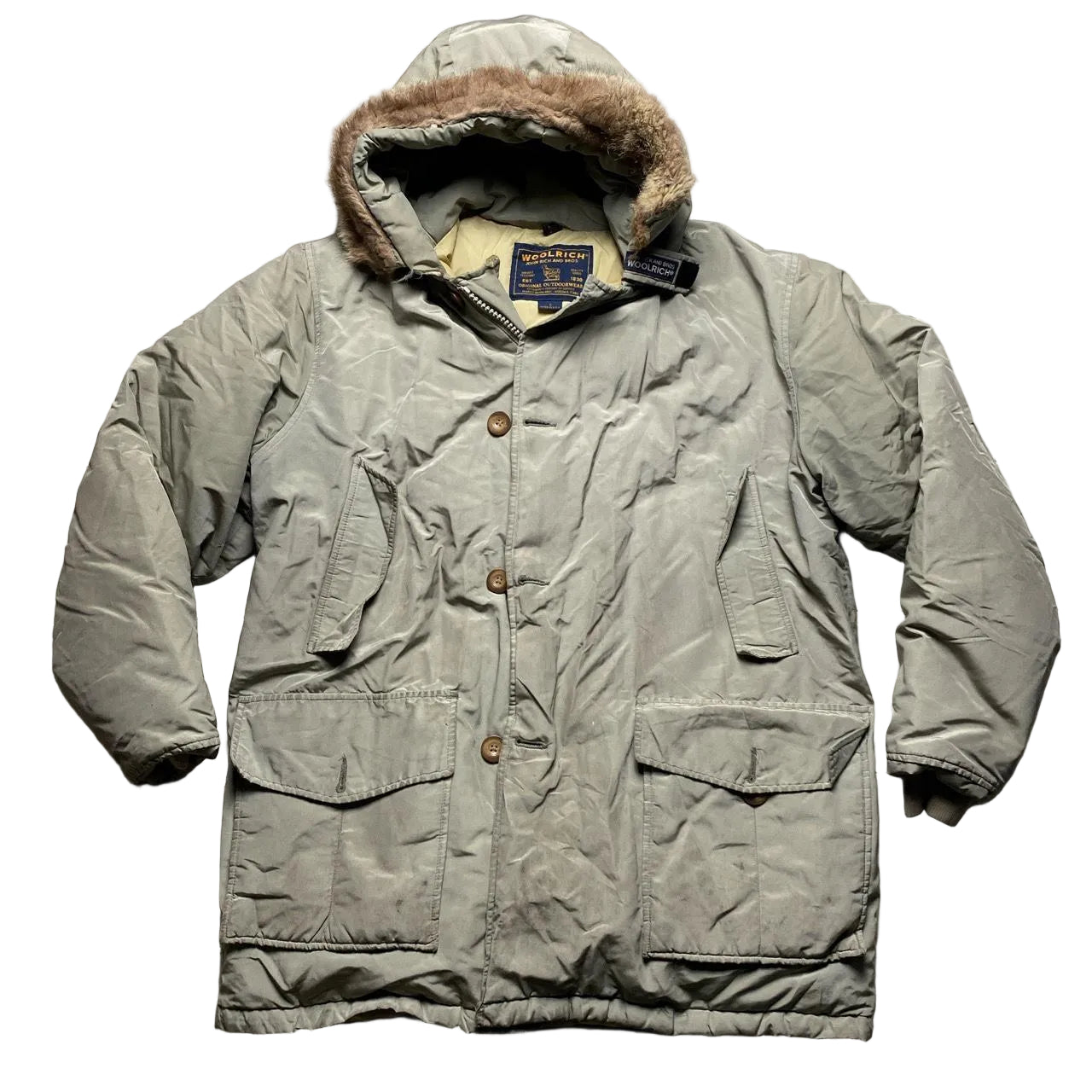 Woolrich John Rich and Bros Light Khaki Green Parka Fur Trim Coat (L)