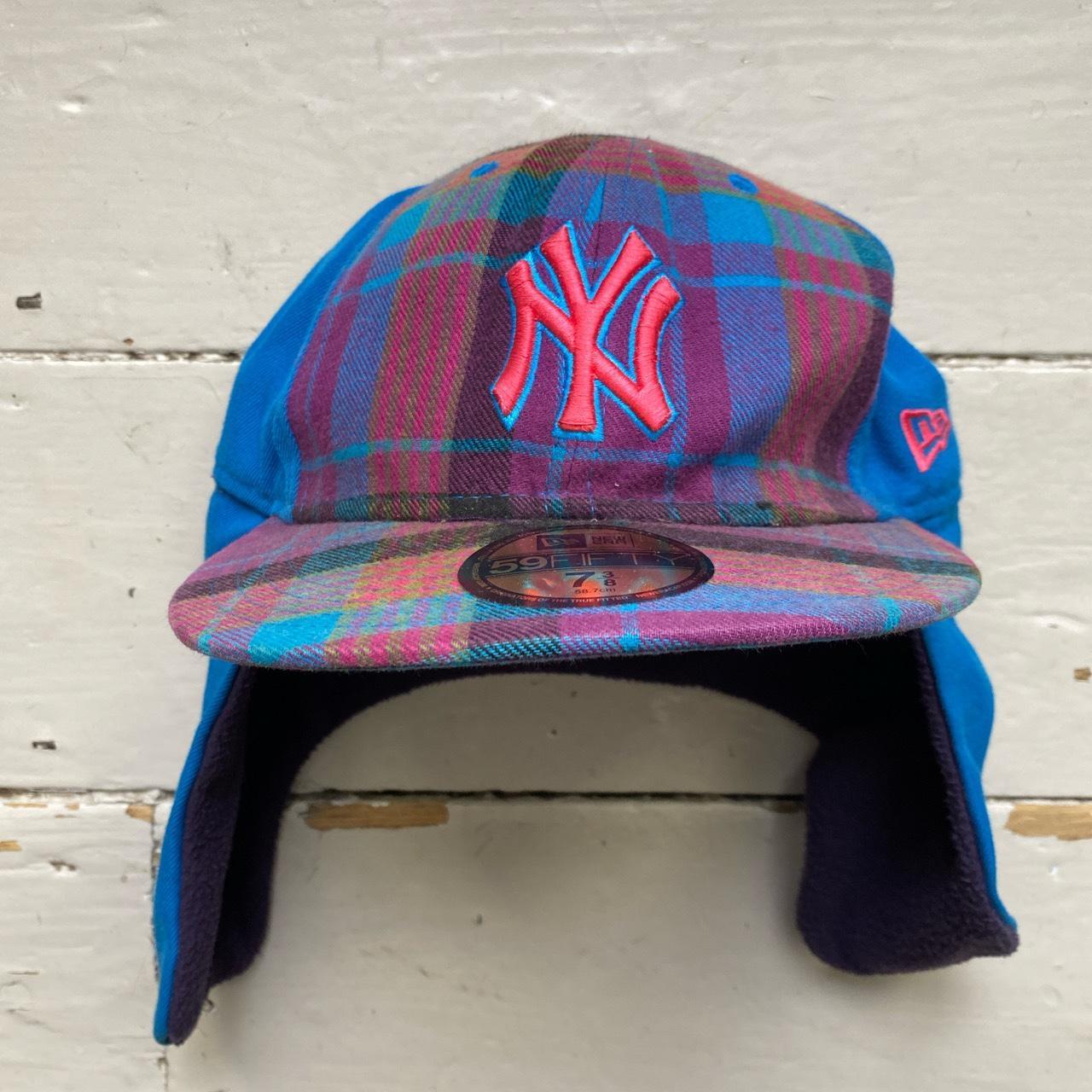 New York Yankees New Era Dog Ear Purple and Blue Checked Print Trapper Hat
