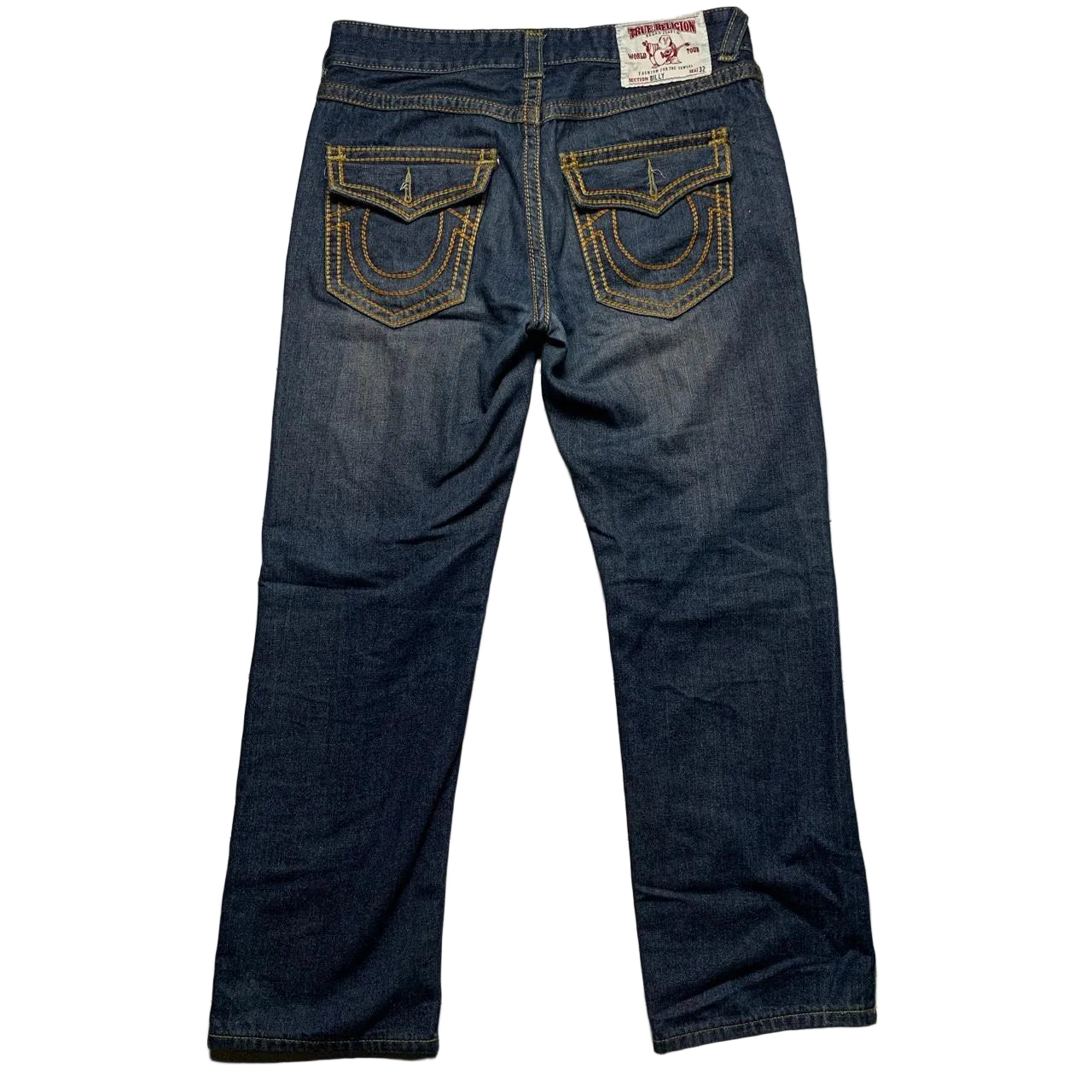 True Religion Billy Big Yellow Gold Stitch Blue Jeans (32W)