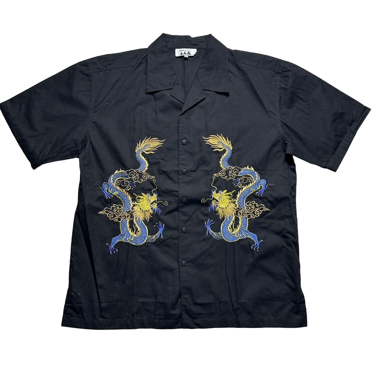 Y2K Japanese Vintage Dragon Black Yellow and Blue Short Sleeve Shirt (L)