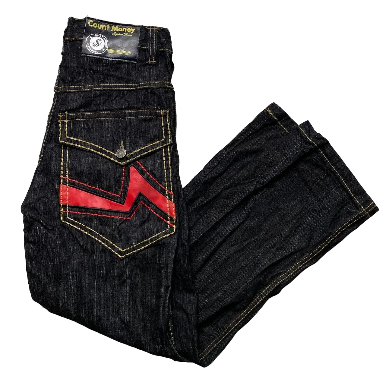 Count Money Vintage Y2K Indigo Big Gold Stitch Jeans Red Faux Leather Swoosh (30W)