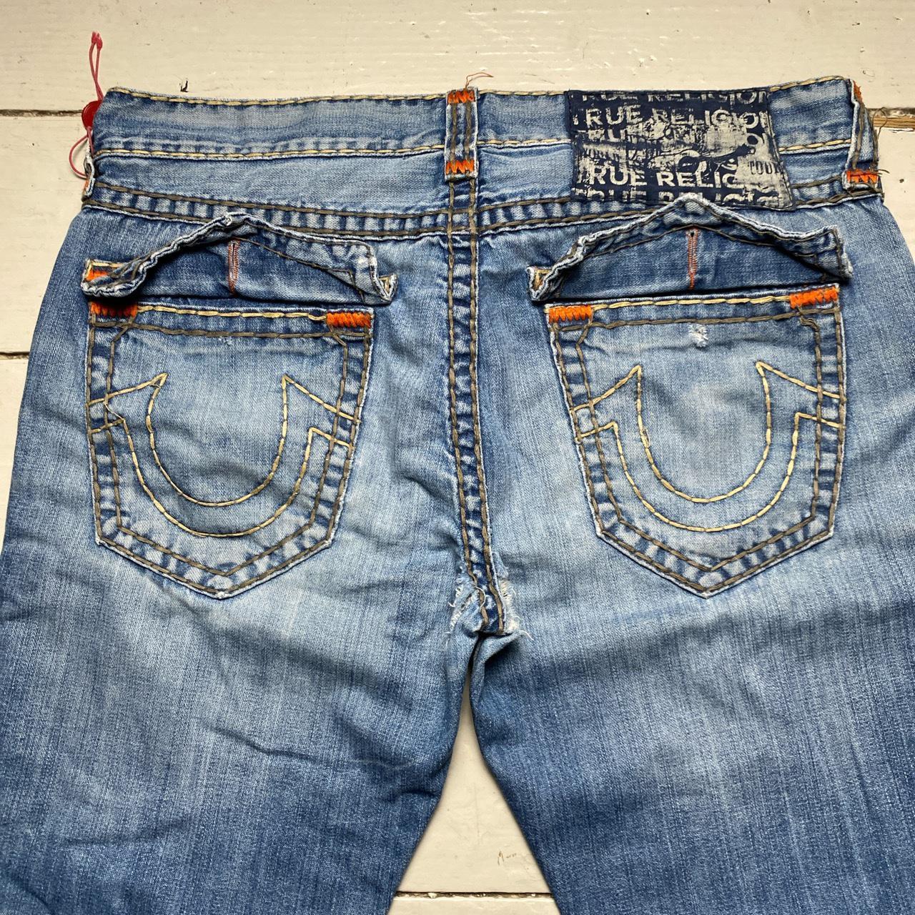 True Religion Rocco Light Blue Big Yellow and Orange Stitch Baggy Jeans