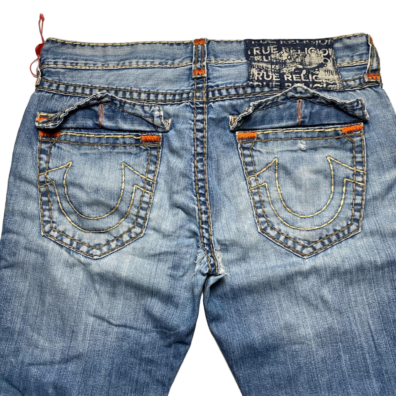 True Religion Rocco Light Blue Big Yellow and Orange Stitch Baggy Jeans (36W)