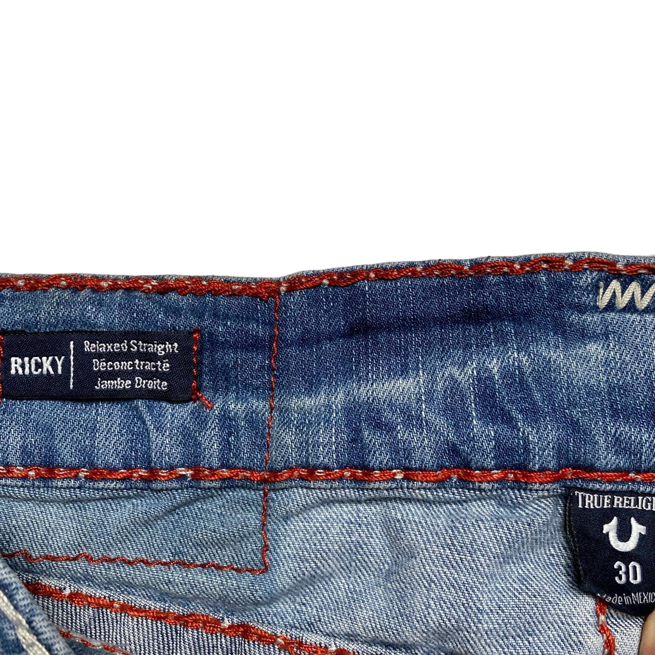 True Religion Light Blue Red White and Red Big Stitch Baggy Ricky Jean (30W)