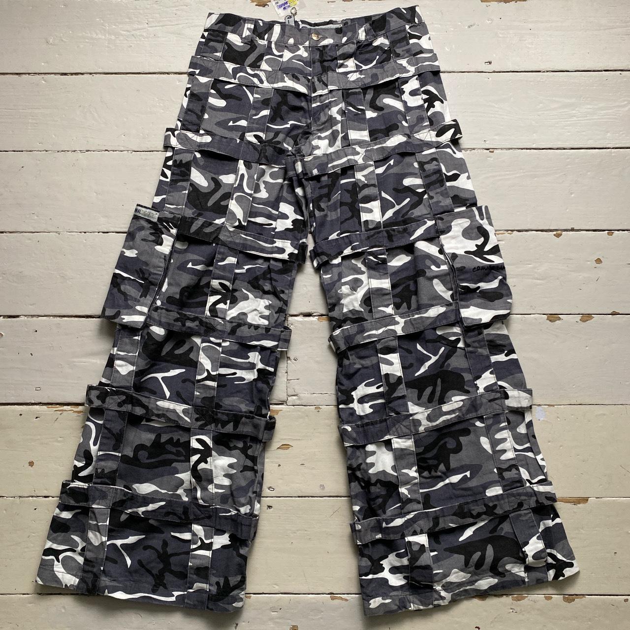 Criminal Damage White and Grey Camouflage Baggy Cargo Combat Bondage Trousers
