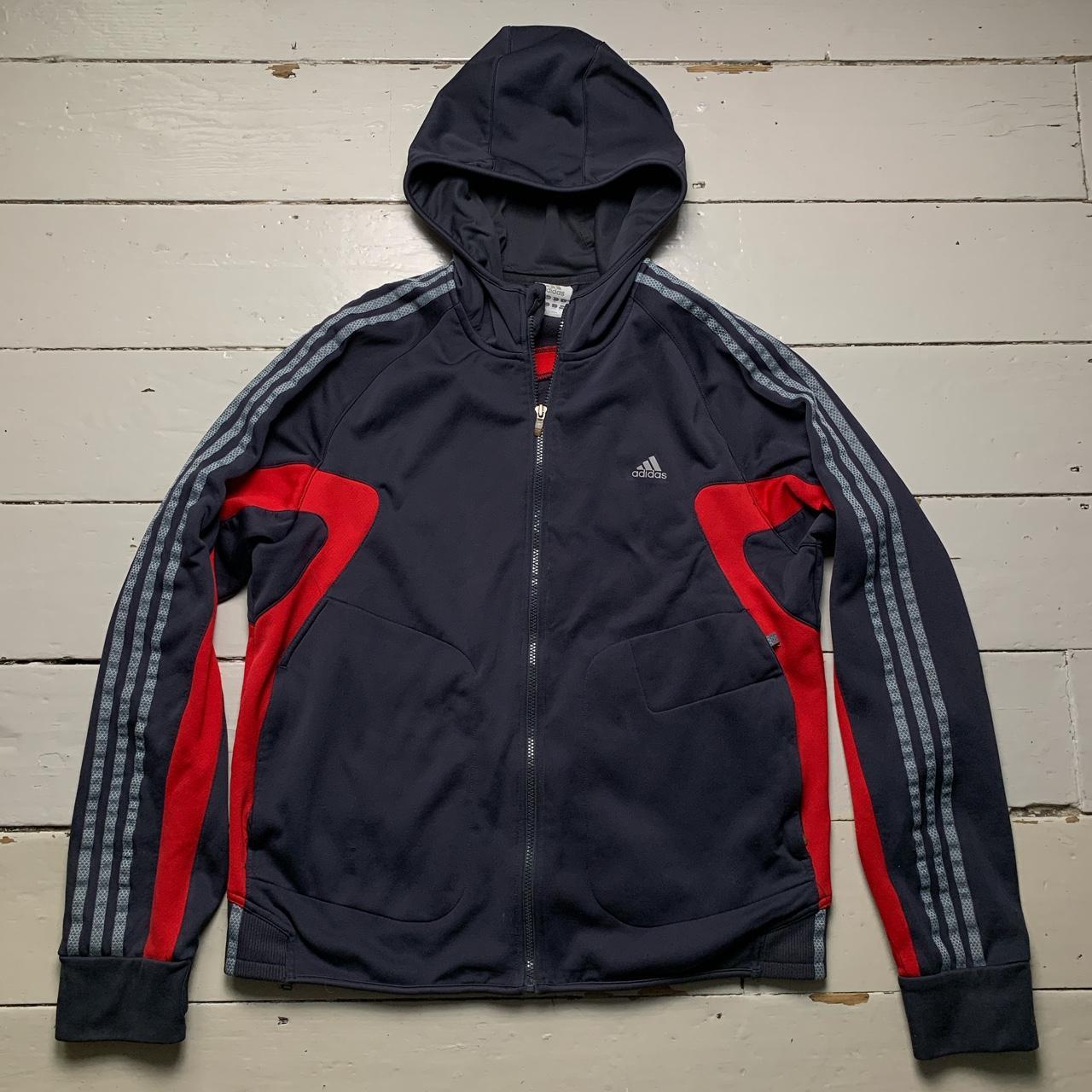Adidas ClimaWarm Vintage 3 Stripe Hoodie Tracksuit Jacket Grey Red and Silver