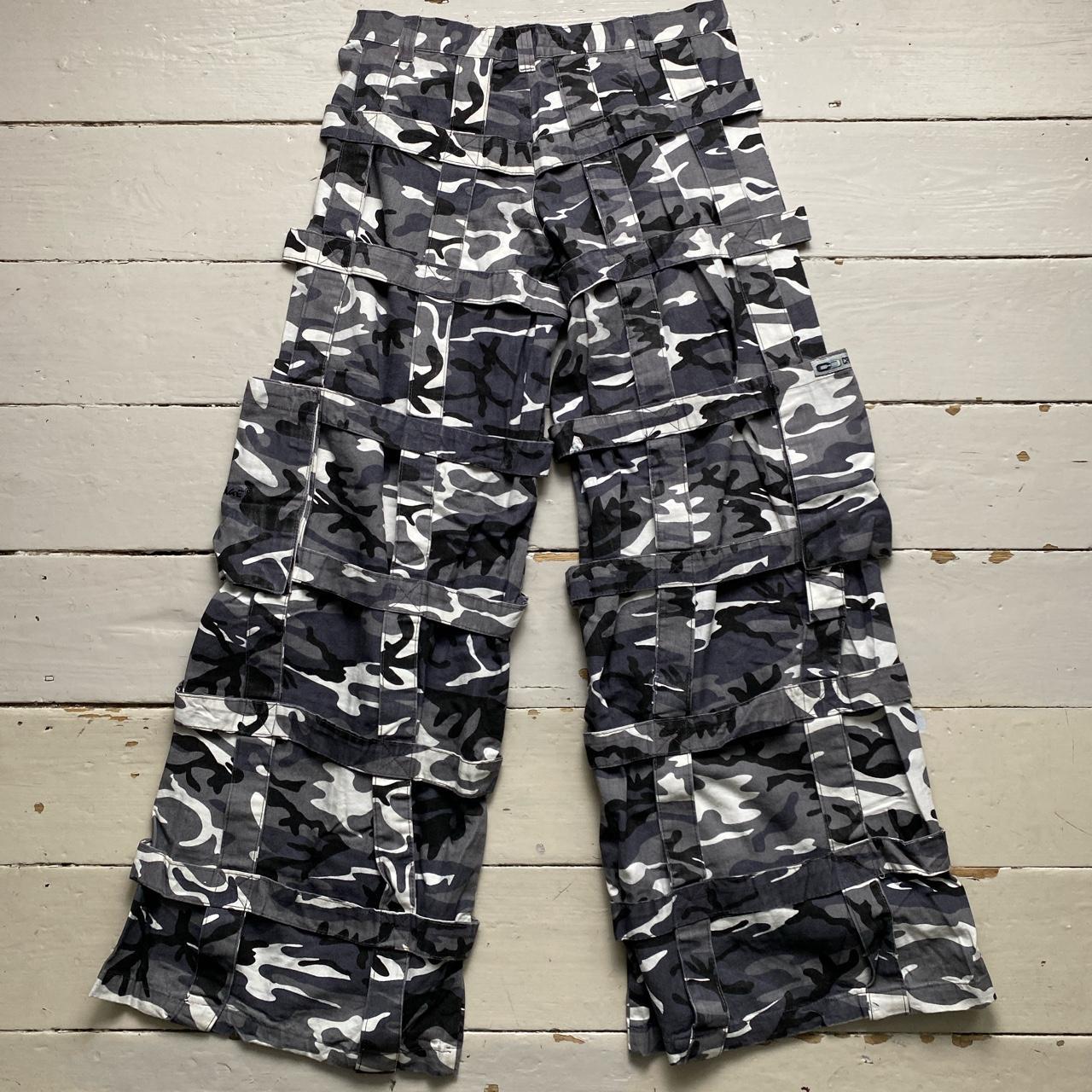 Criminal Damage White and Grey Camouflage Baggy Cargo Combat Bondage Trousers