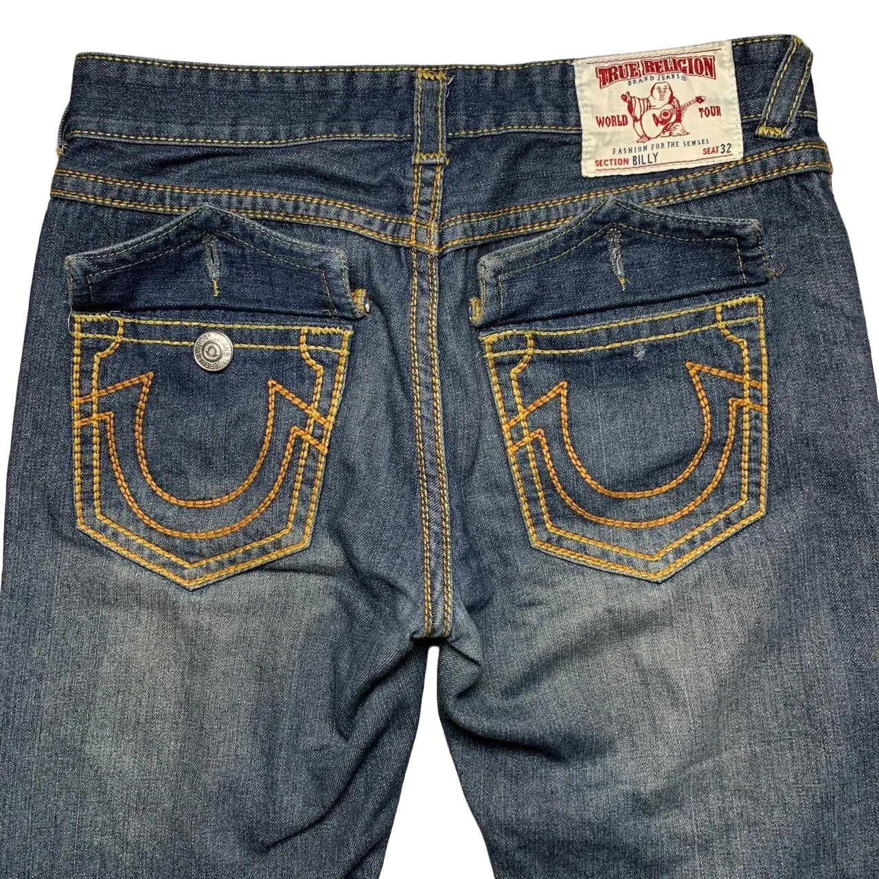 True Religion Billy Big Yellow Gold Stitch Blue Jeans (32W)
