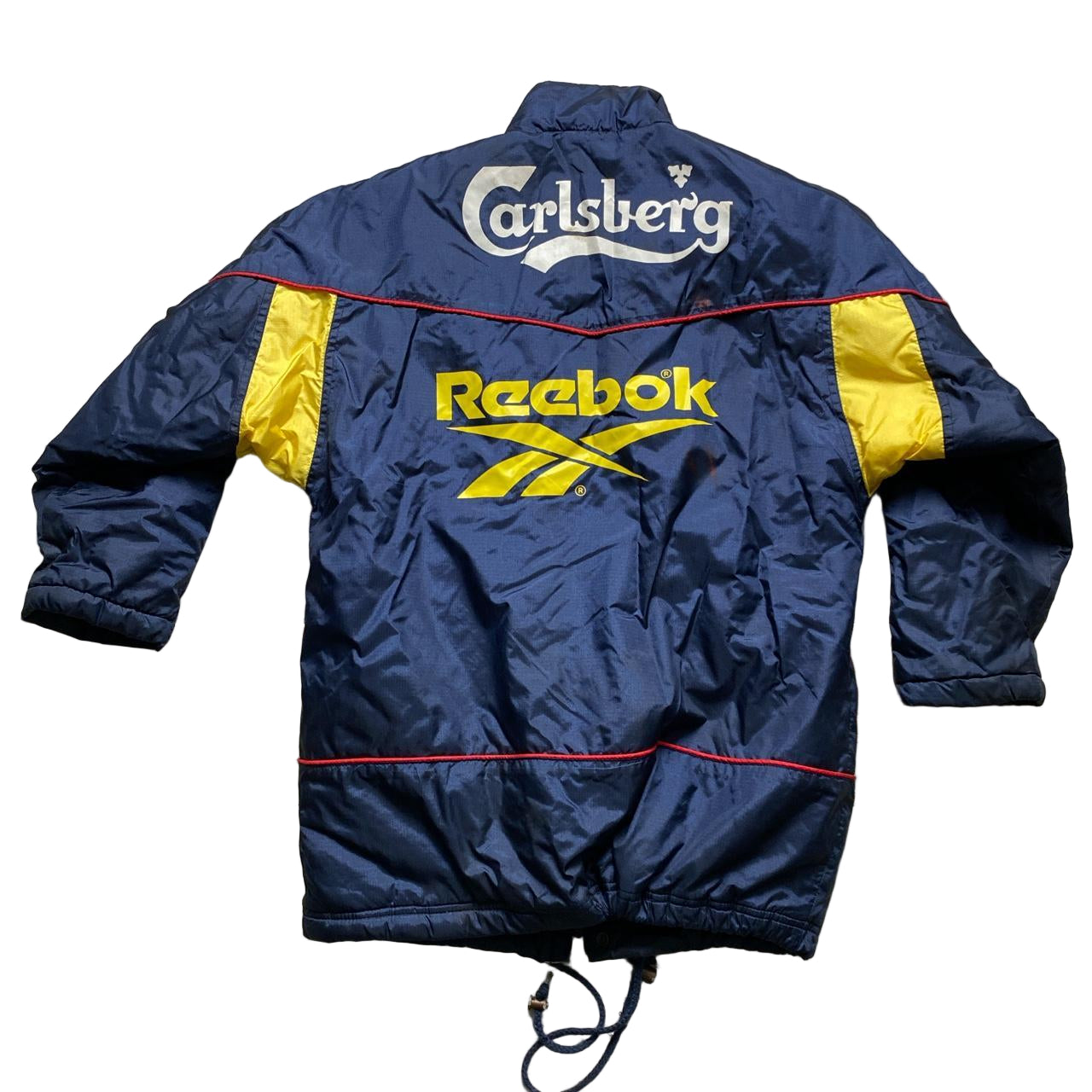 Liverpool 1990’s 97/98 Carlsberg Reebok Vintage Navy Yellow and Red Puffer Bench Jacket (XS)