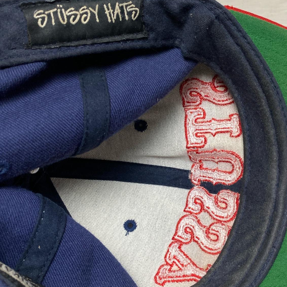 Stussy Vintage Green Brim Navy and Red Circus Snapback Cap