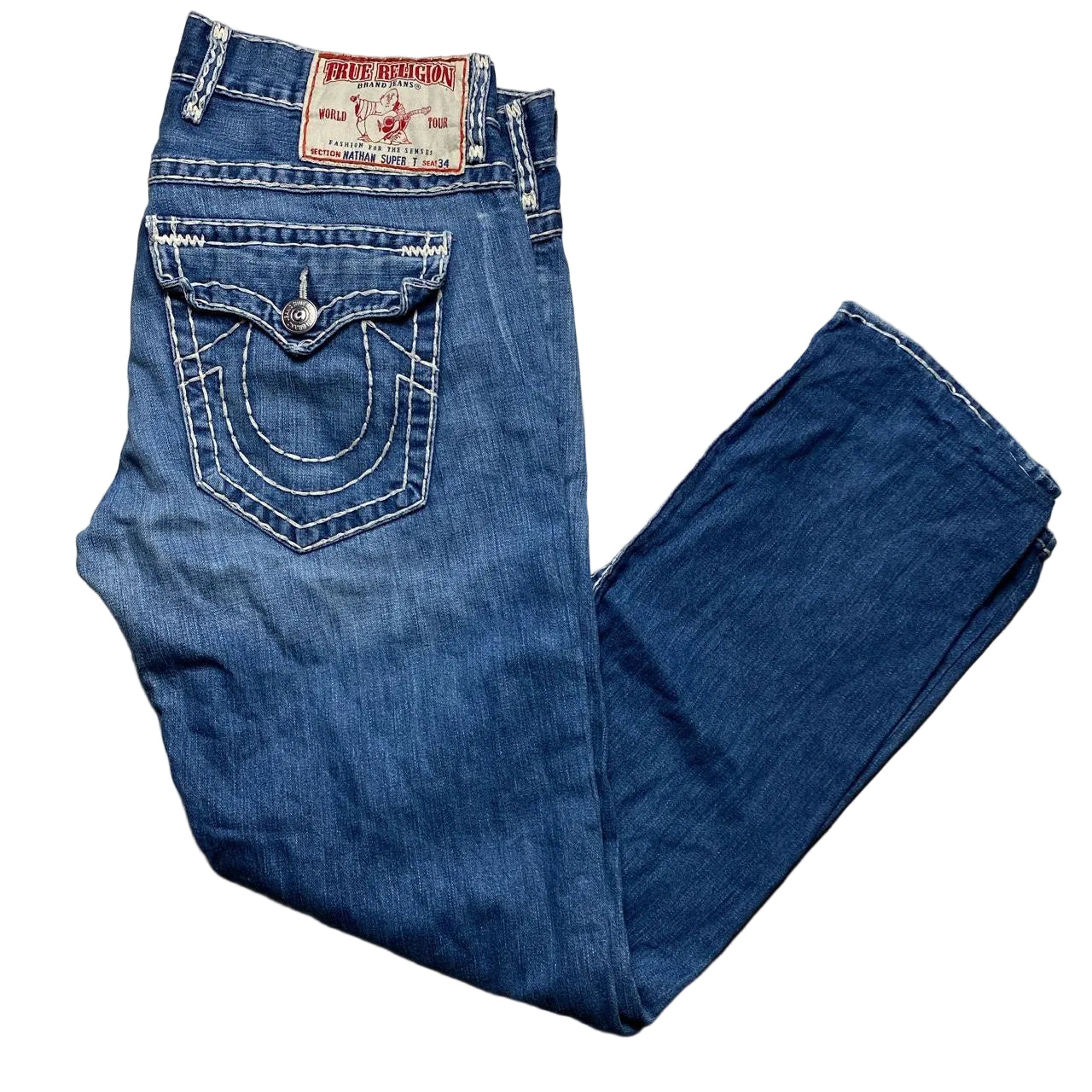 True Religion Big White Stitch Baggy Nathan Super T Blue Jeans (38W)
