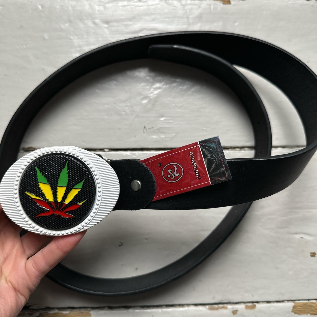 Spinning Marijuana Emblem Rasta Black Red Yellow and Green Belt