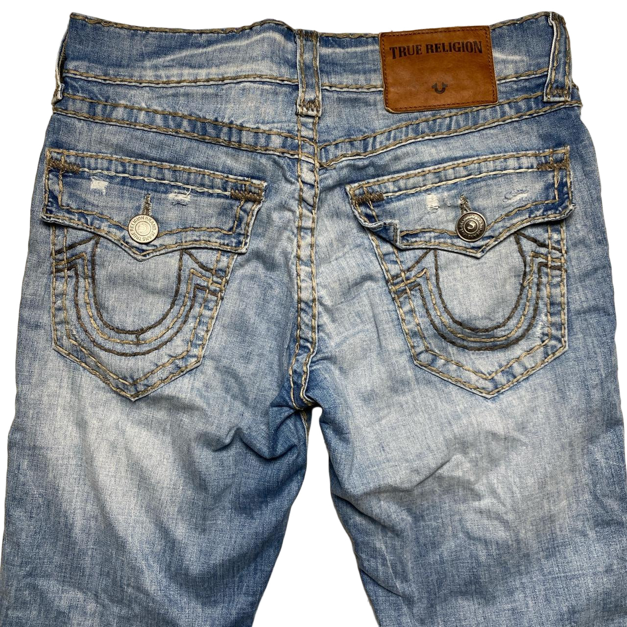 True Religion Light Blue Grey and White Big Stitch Ricky Baggy Jeans (30W)