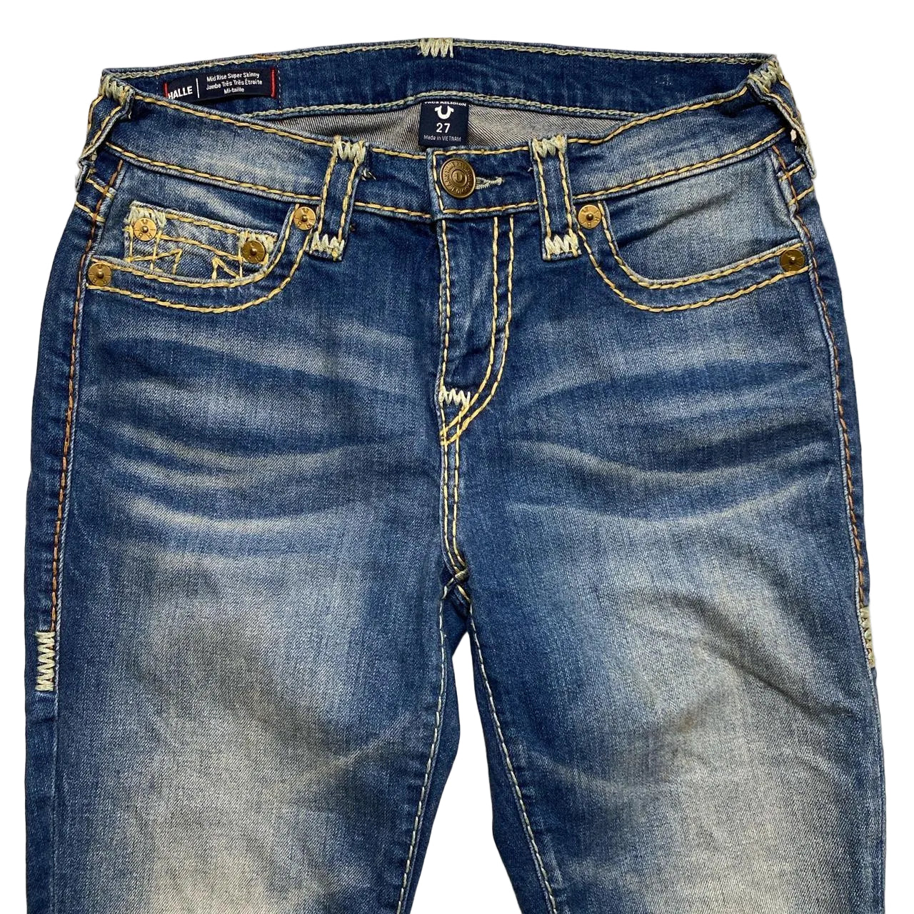 True Religion Halle Womens Blue and Big Yellow Stitch Jeans (27W)