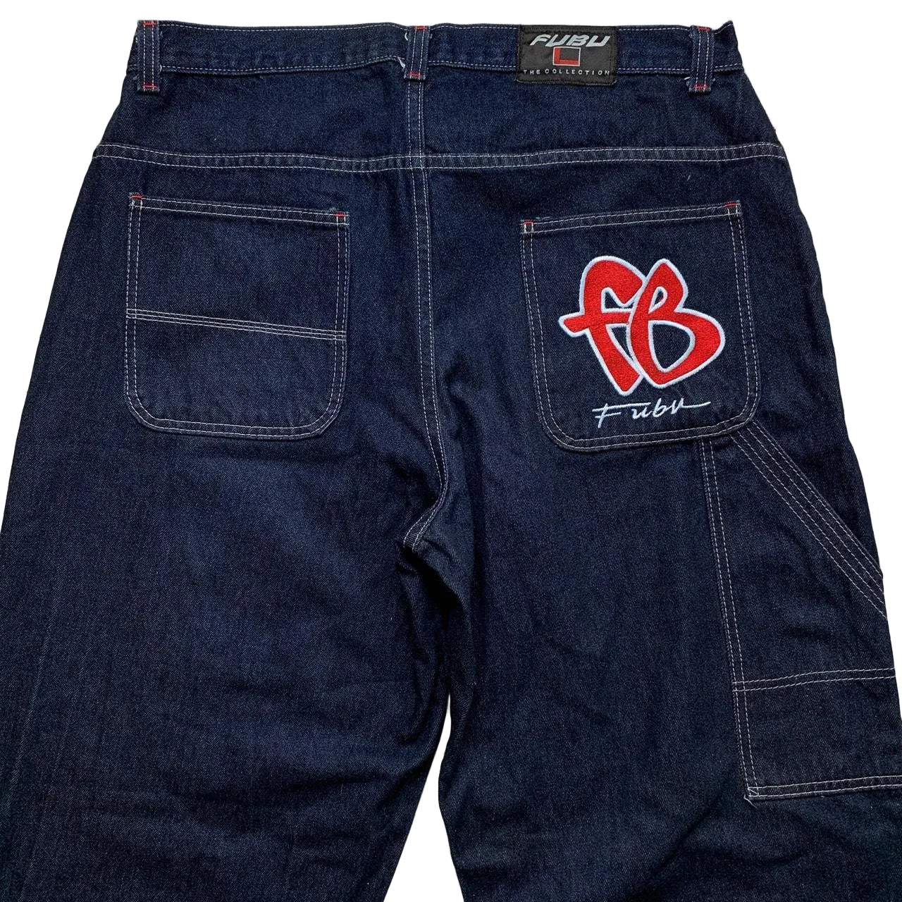 FUBU Vintage Carpenter Baggy Hip Hop Cargo Navy White Stitch Jeans (38W)