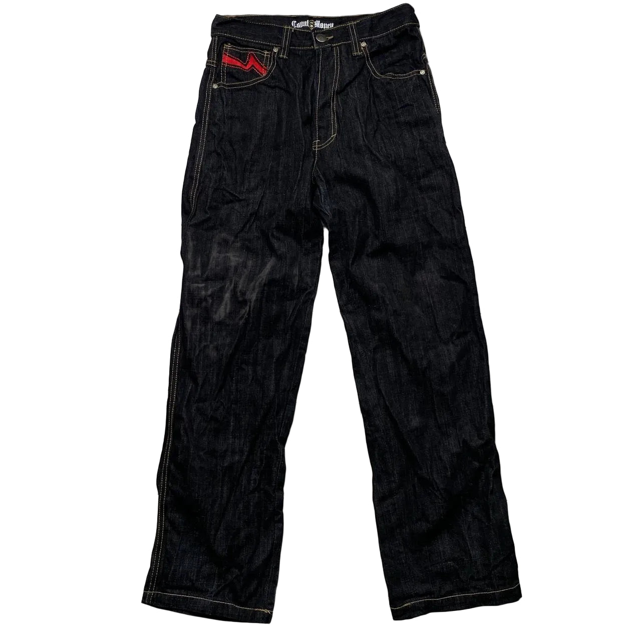 Count Money Vintage Y2K Indigo Big Gold Stitch Jeans Red Faux Leather Swoosh (30W)