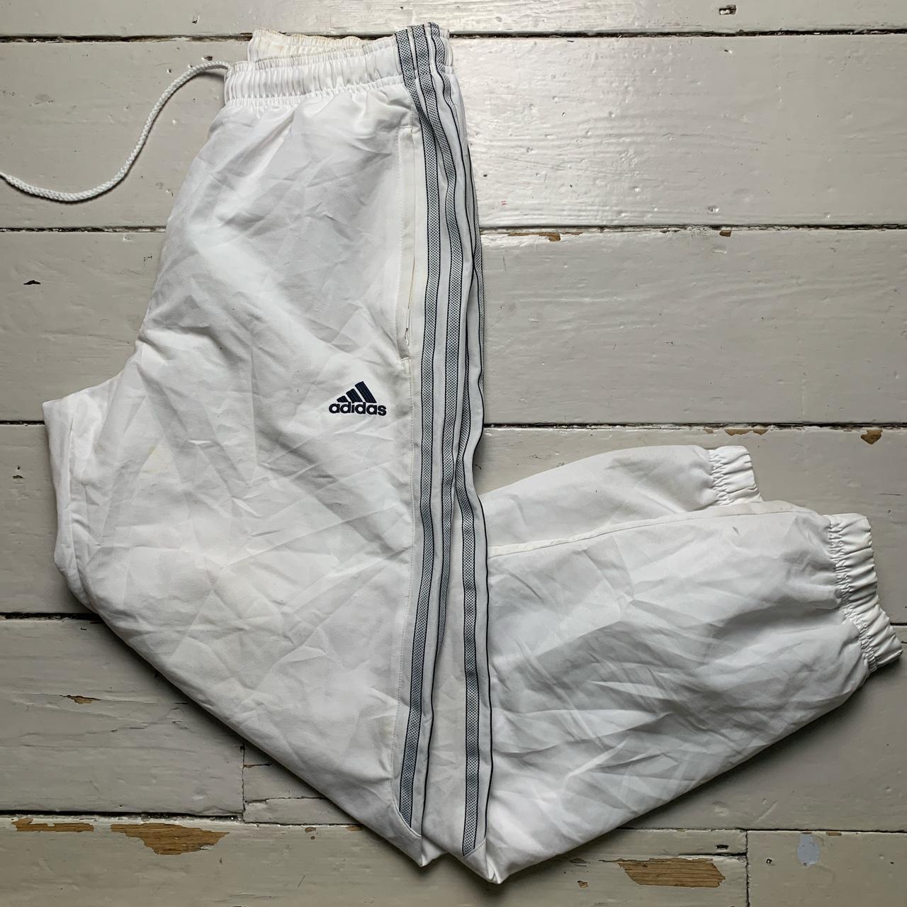 Adidas White and Navy Stripe Shell Track Pant Bottoms