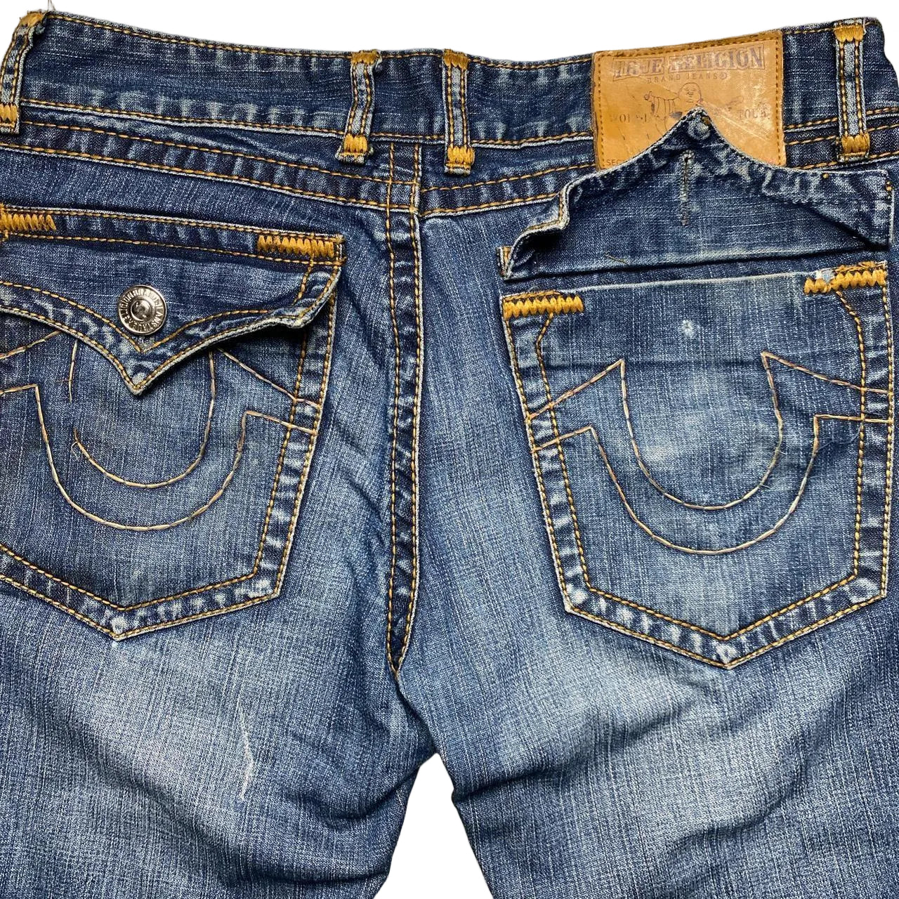 True Religion Billy Super T Navy and Brown Stitch Jeans (34W)