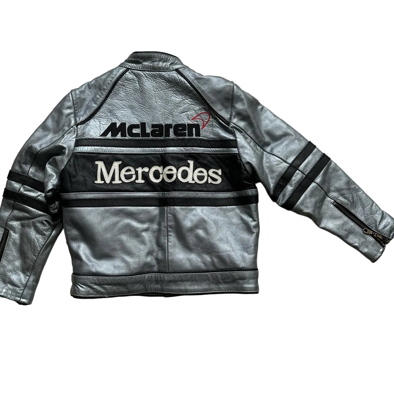 Mclaren Mercedes Vintage Kids Leather Jacket Silver and Black (M Kids)