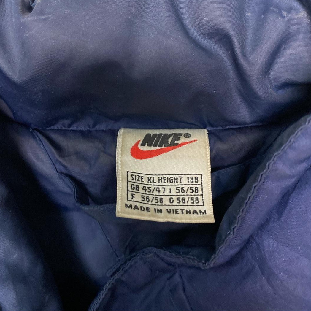 Nike Vintage 90’s Bomber Puffer Coat Navy and White Big Swoosh (XL)