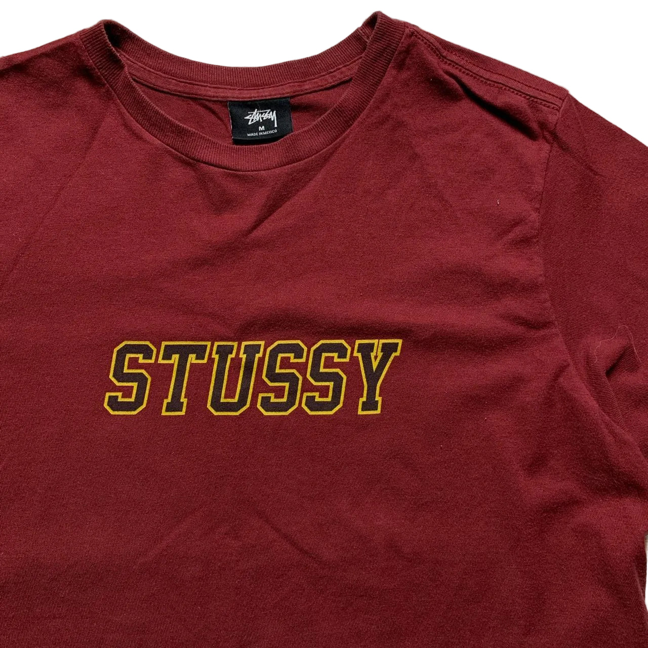 Stussy Burgundy and Yellow Spellout T Shirt (M)