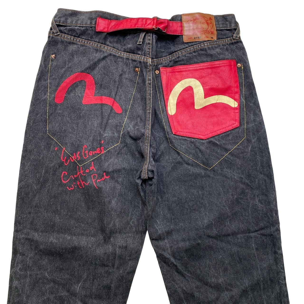 Evisu Vintage Lot 0118 Charcoal and Red White Daicock Swoosh Baggy Jeans (38W)