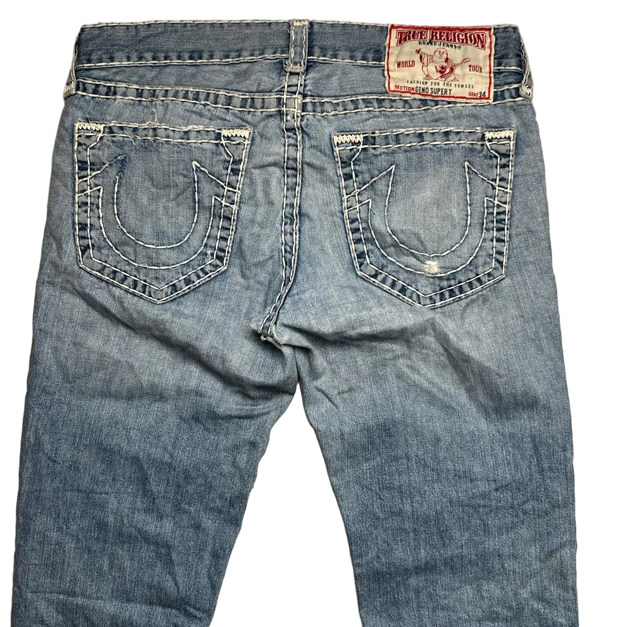 True Religion Geno Super T Distressed Jeans Light Blue and Big White Stitch (34W)