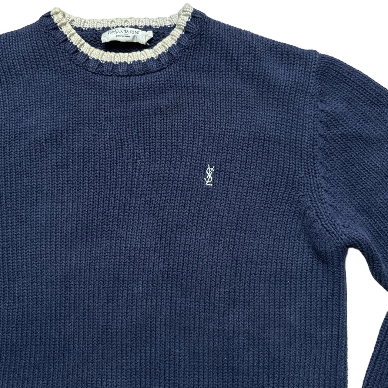YSL Yves Saint Laurent Vintage Navy and White Cable Knit Knitted Thick Jumper (M)