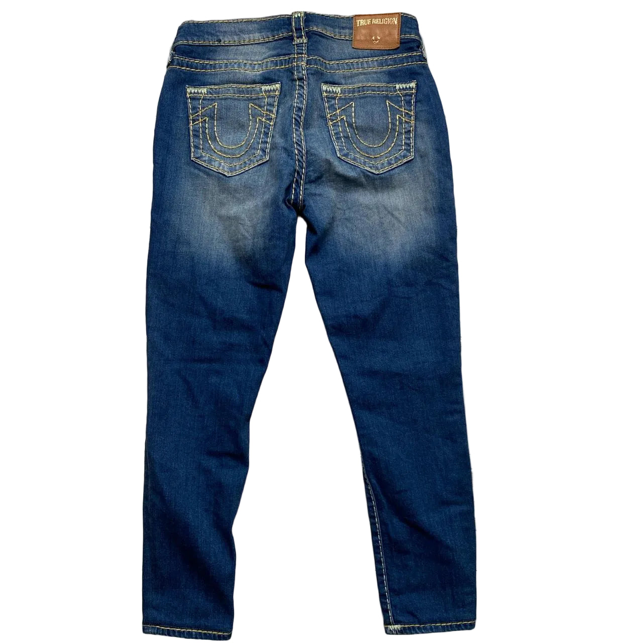 True Religion Halle Womens Blue and Big Yellow Stitch Jeans (27W)