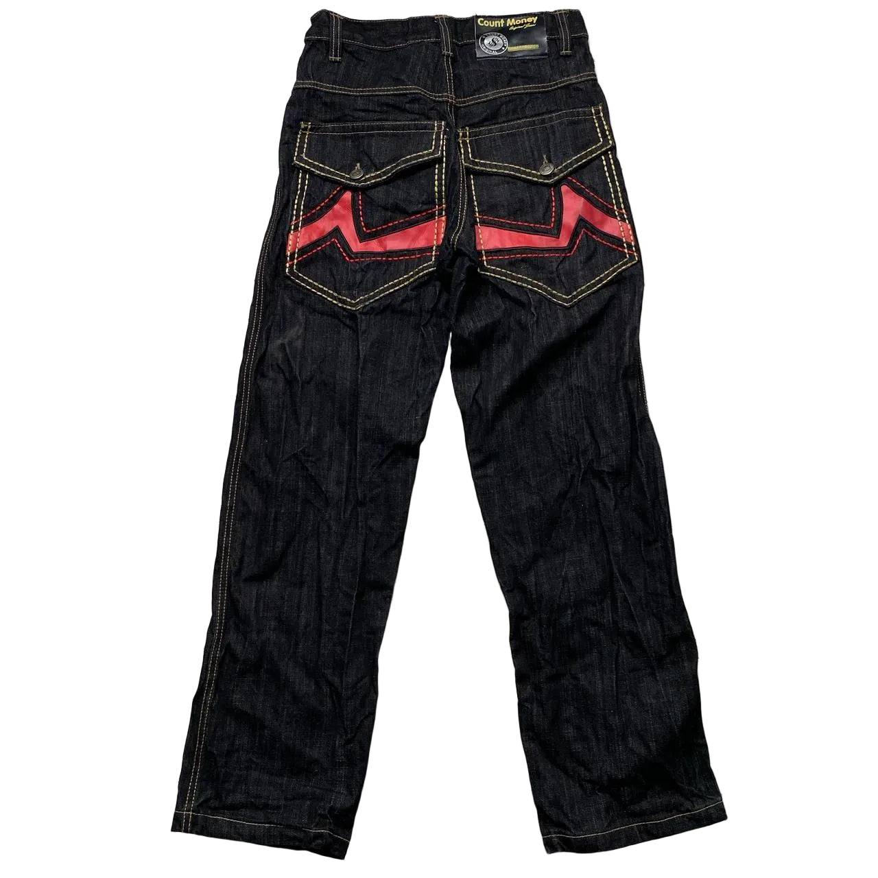 Count Money Vintage Y2K Indigo Big Gold Stitch Jeans Red Faux Leather Swoosh (30W)