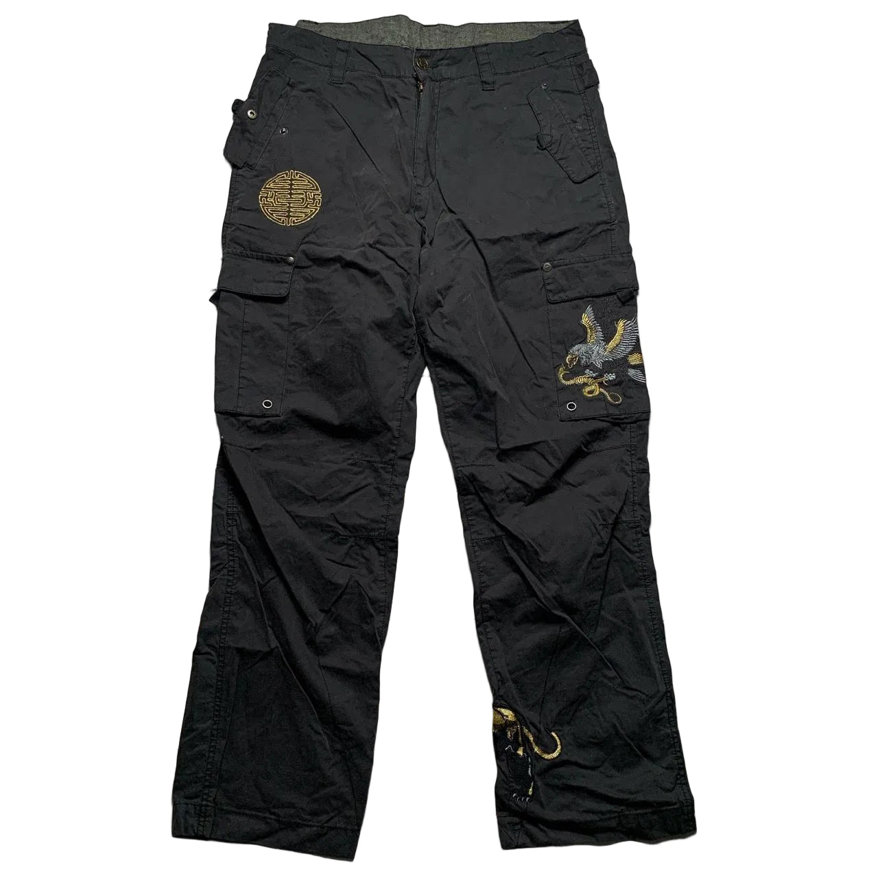 Ringspun Vintage Eagle Snake Japanese Embroidery Cargo Parachute Baggy Trousers (W36)