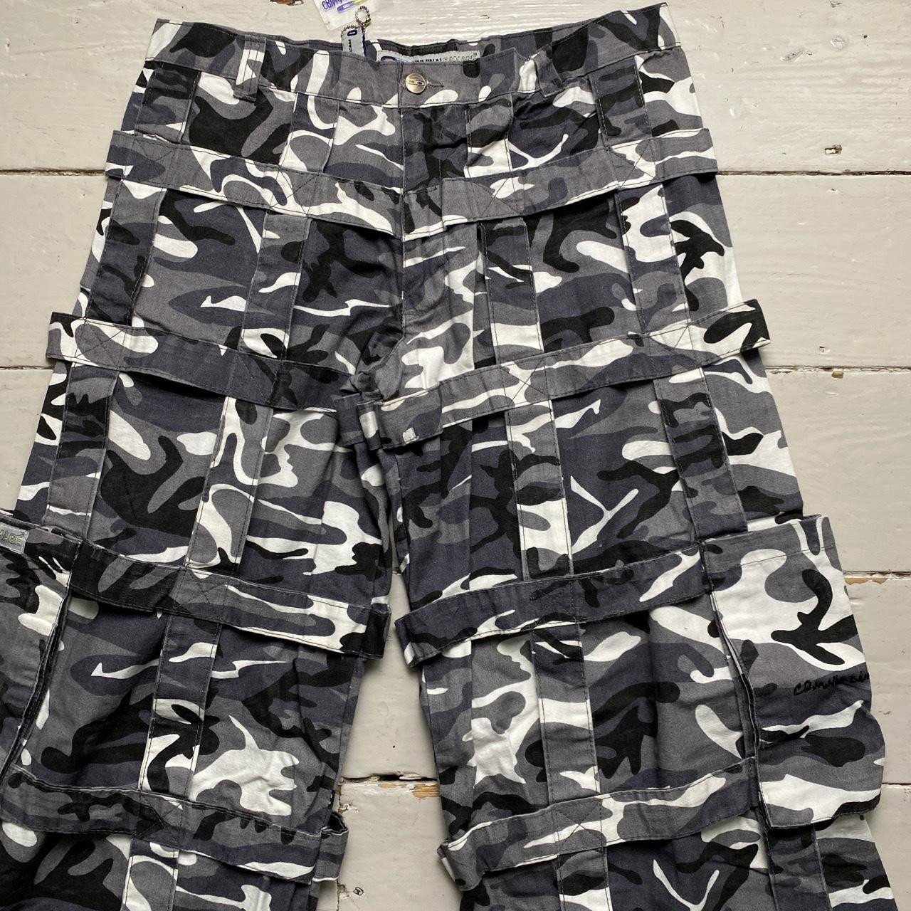 Criminal Damage White and Grey Camouflage Baggy Cargo Combat Bondage Trousers