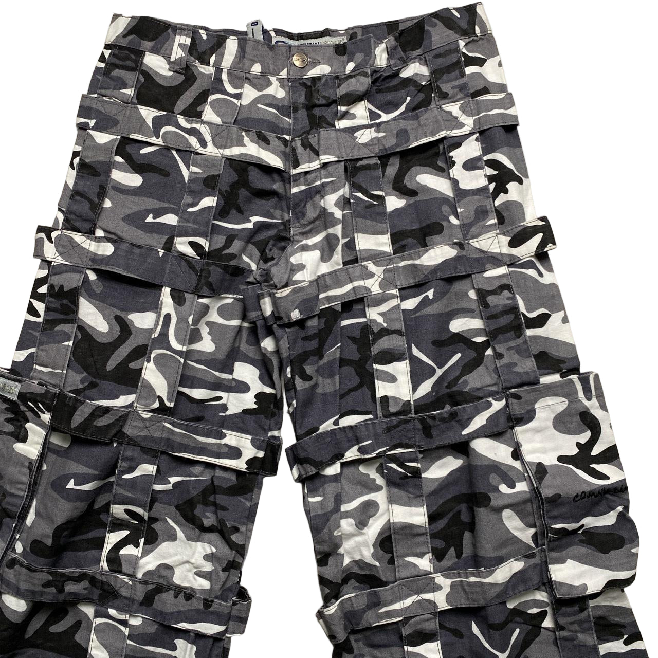 Criminal Damage White and Grey Camouflage Baggy Cargo Combat Bondage Trousers (32W)