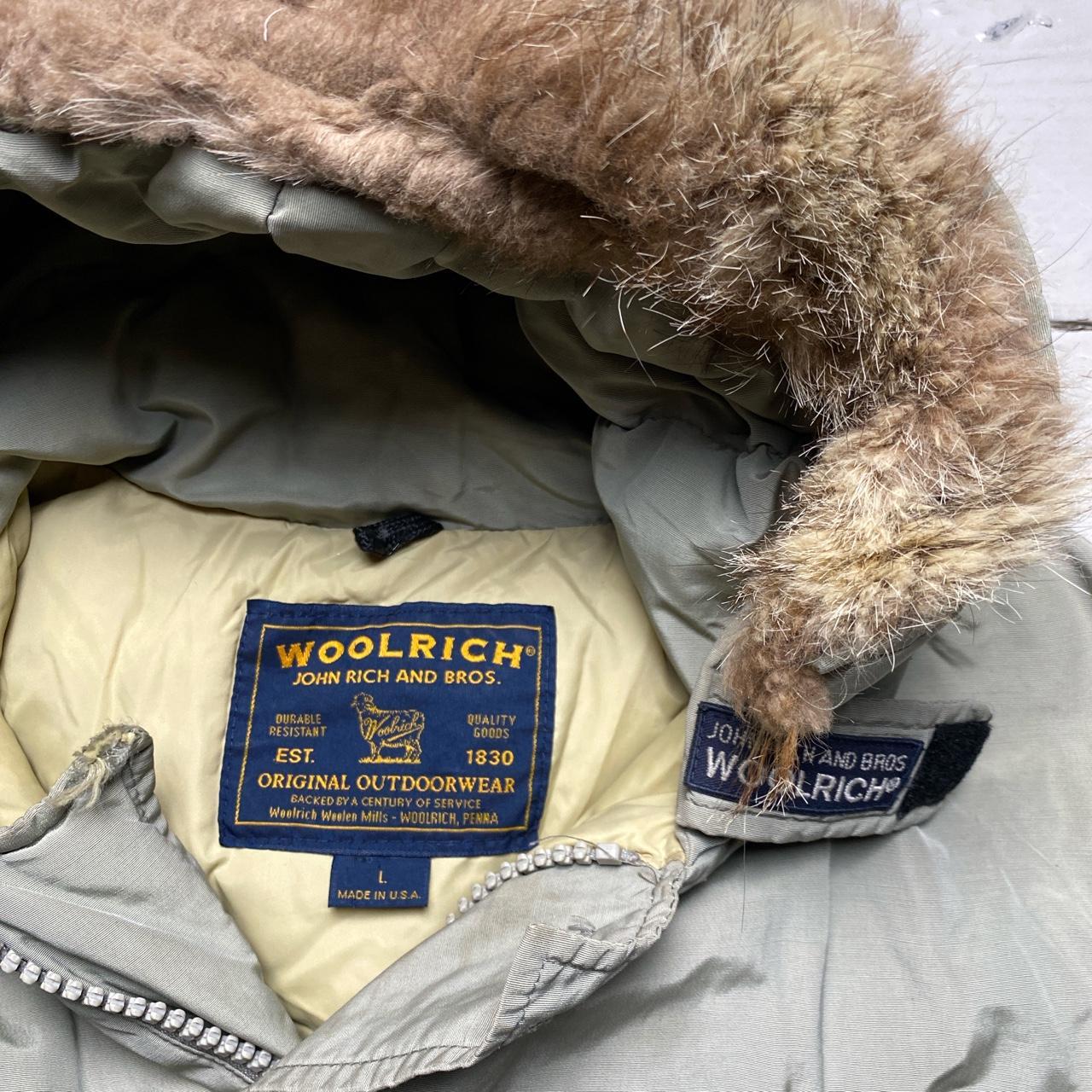 Woolrich John Rich and Bros Light Khaki Green Parka Fur Trim Coat