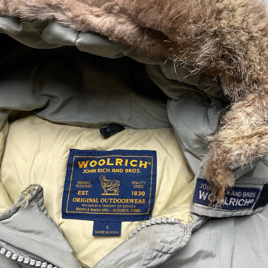 Woolrich John Rich and Bros Light Khaki Green Parka Fur Trim Coat (L)