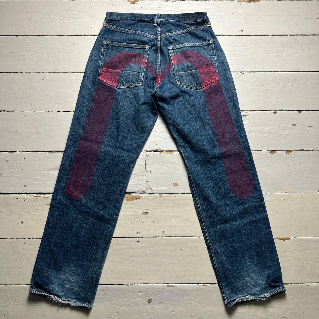 Evisu Big Daicock Swoosh Navy and Red Baggy Jeans
