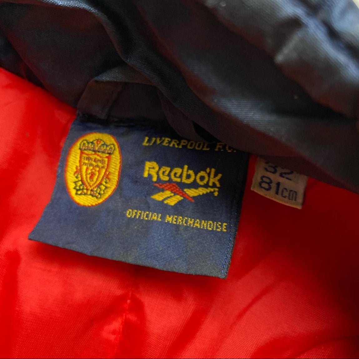 Liverpool 1990’s 97/98 Carlsberg Reebok Vintage Navy Yellow and Red Puffer Bench Jacket (XS)