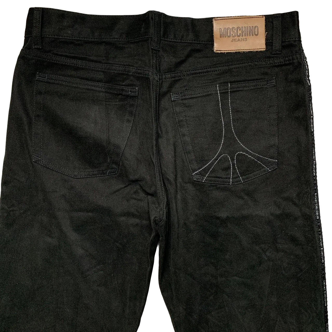 Moschino Jeans Vintage Black and Grey Stitch Jeans with Tape Repeat Logo (34W)