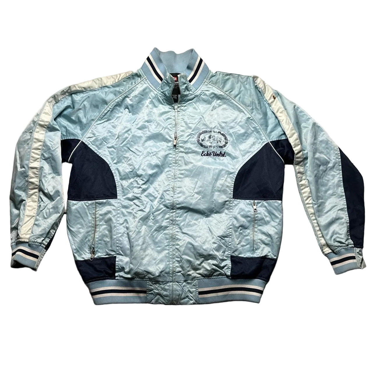 Ecko UNLTD Vintage Navy and Baby Light Blue Varsity Bomber Jacket (XL)