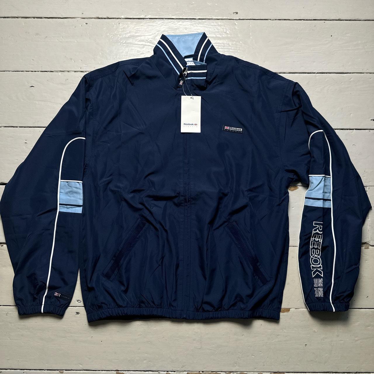 Reebok Navy and Baby Blue Vintage Full Nylon Shell Track Pant Tracksuit Jacket and Bottoms