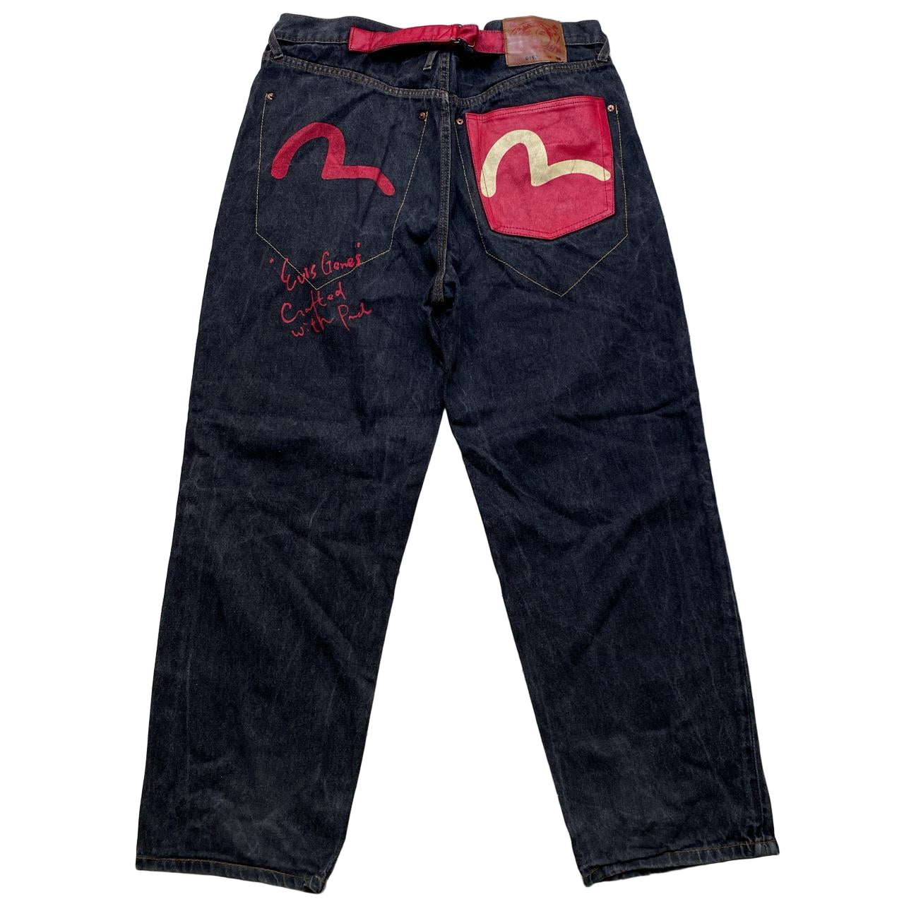Evisu Vintage Lot 0118 Charcoal and Red White Daicock Swoosh Baggy Jeans (38W)